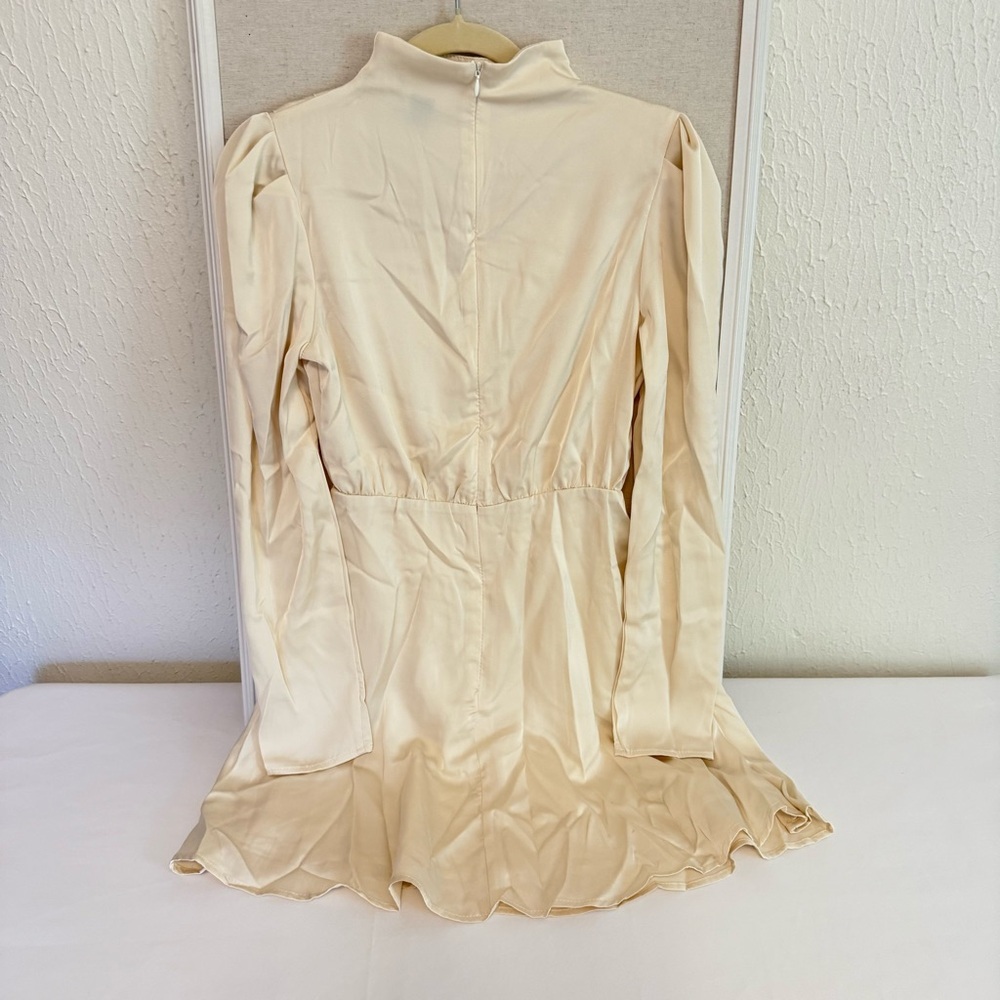Cream Long Sleeve mock neck satin Dress - Picture 7 of 7